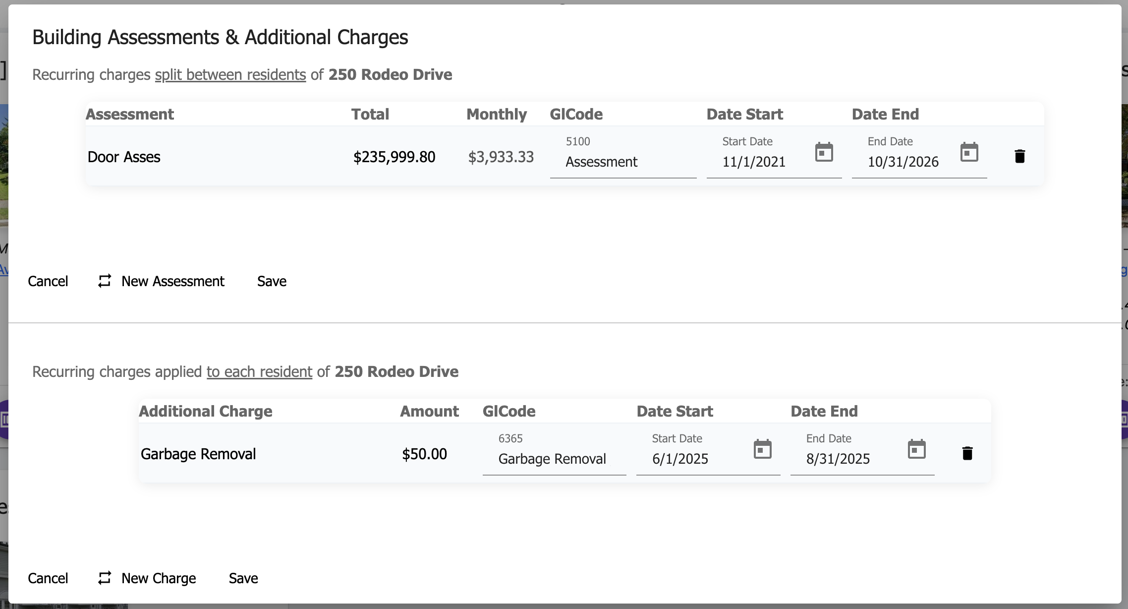 Assessments & Additional Charges Screen