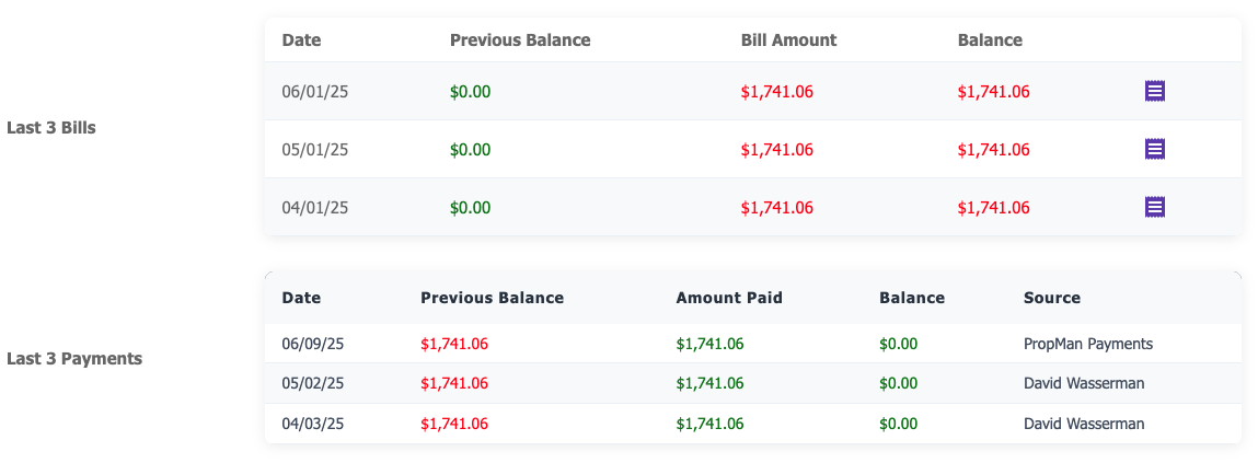 Resident Details Last 3 Bills & Payments