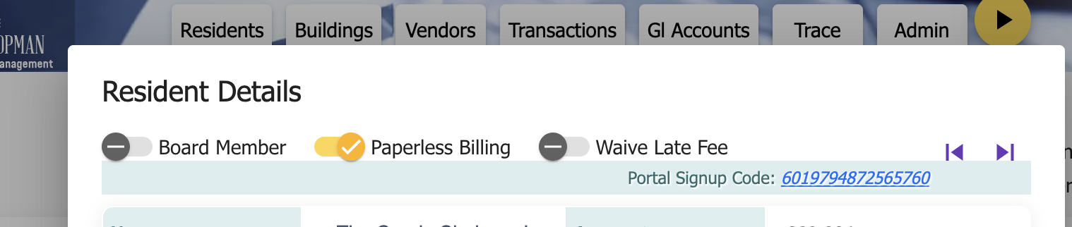 Resident Details Screen with Portal Signup Code Link