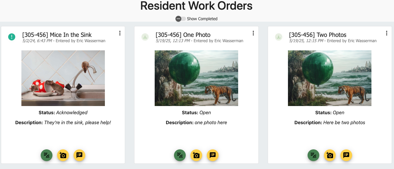 Resident Work Orders Screen